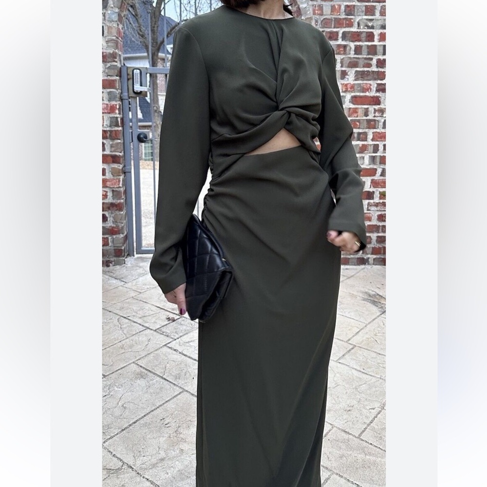 ZARA LONG SLEEVE CREW NECK KNOTTED CHEST KHAKI COLLECTION CUT-OUT MIDI DRESS S